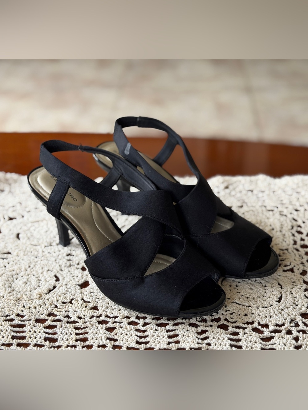 Bandolino Black Satin Crisscross Peep-Toe Slingback Heels